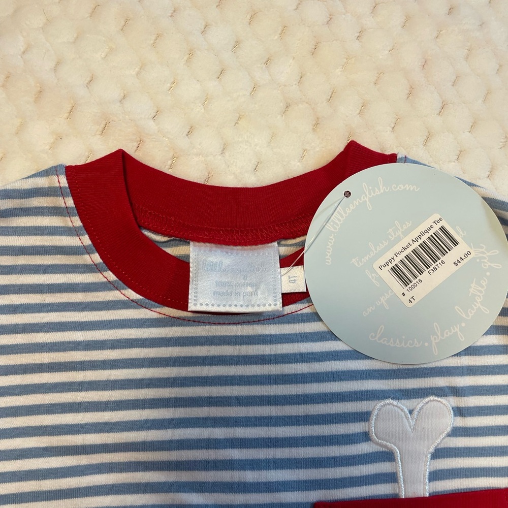 Blue and White Striped Shirt with Red Accents